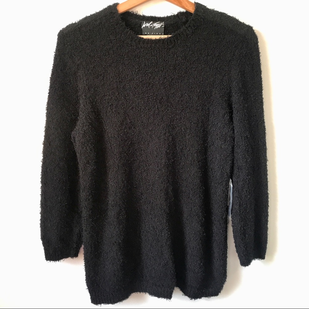 Lord & Taylor Black 3/4 Sleeve Fuzzy Thread Crew Neck Sweater, Size L